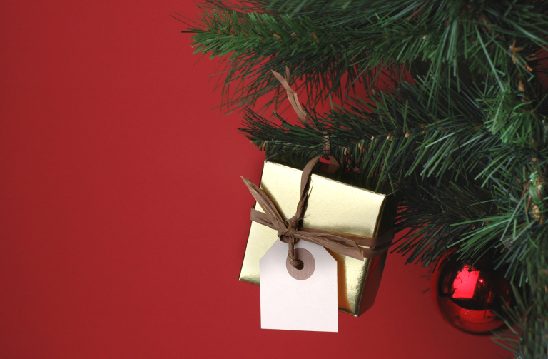 Ornament on christmas tree shaped like present
