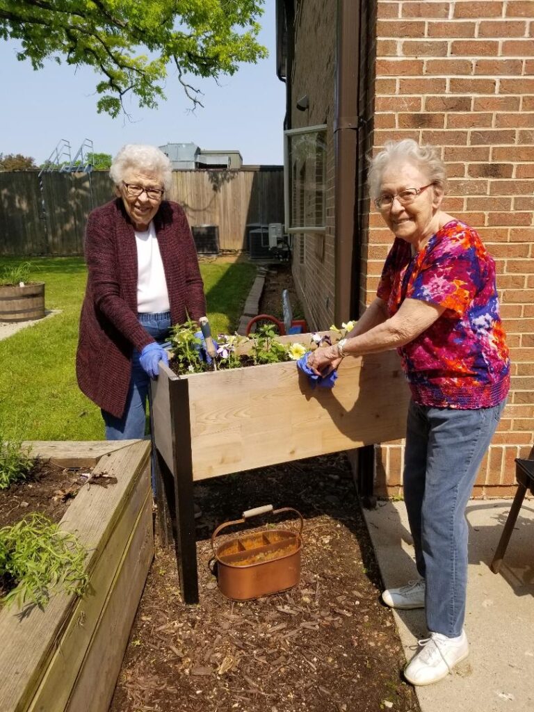 Senior women gardening together