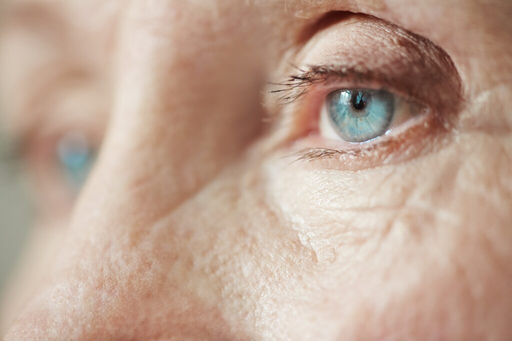 close up photo of older adult eyes