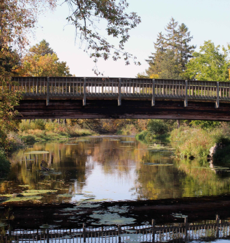 An image of a bridge spanning a river on the Three Pillars campus.